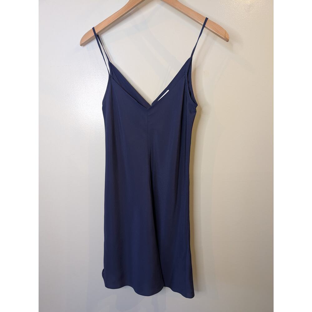 Scanlan Theodore Navy Blue Silk Slip Dress V-Neck Minimalist Luxury Womens XS